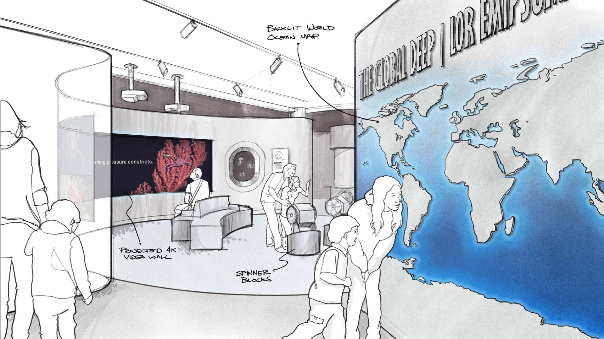 Deep sea exhibit concept sketch